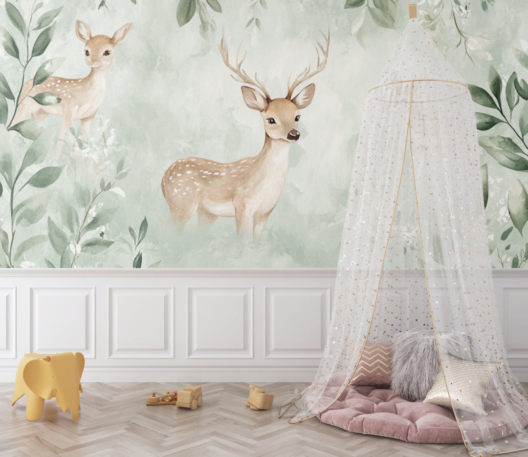 Nature-inspired wall mural creating peaceful atmosphere in home office