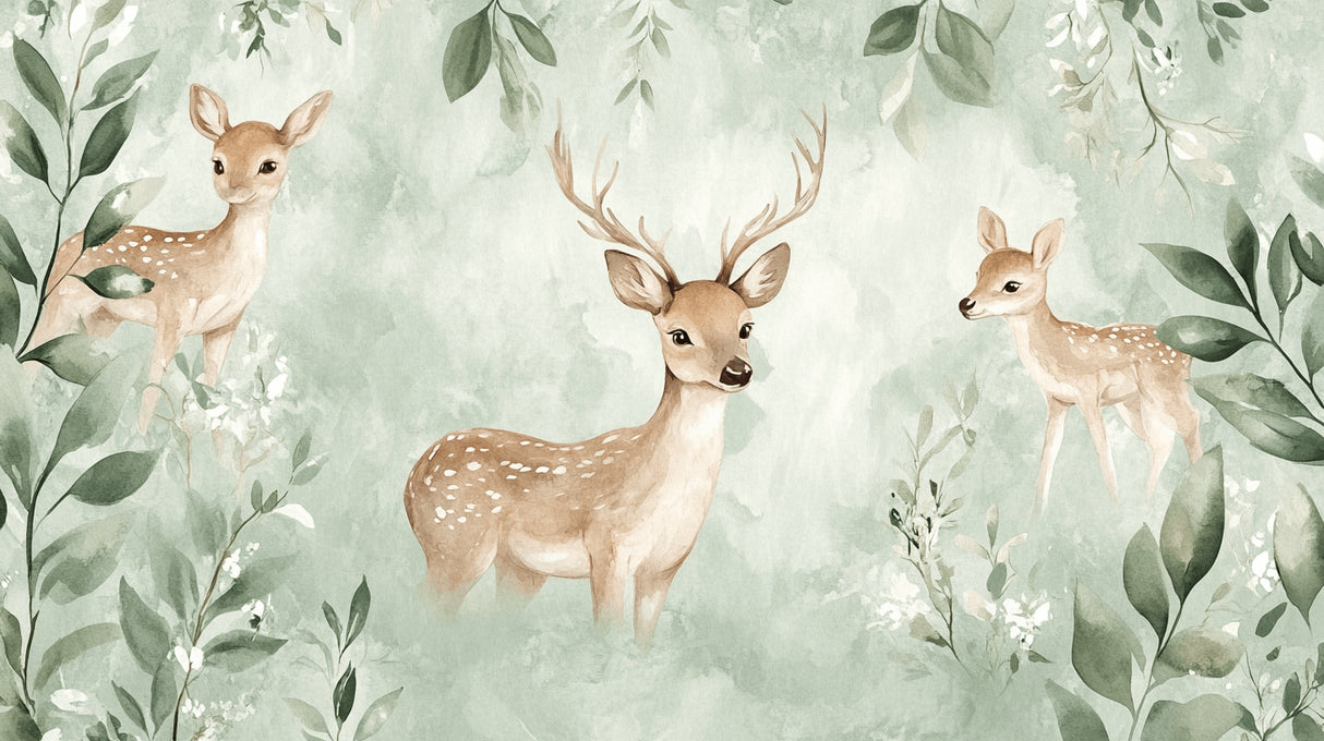 Design file showing detailed deer and foliage pattern with soft watercolor effects
