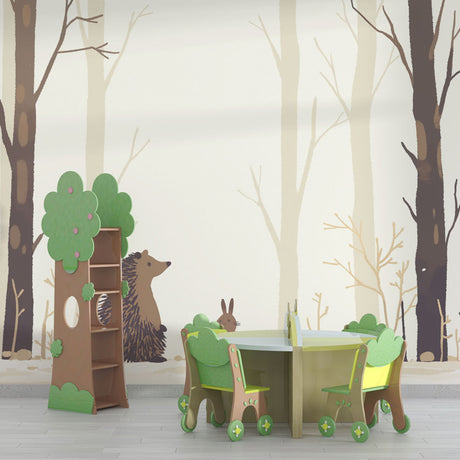 Forest animals wallpaper creating a cozy atmosphere in a modern Scandinavian nursery with natural wood furniture