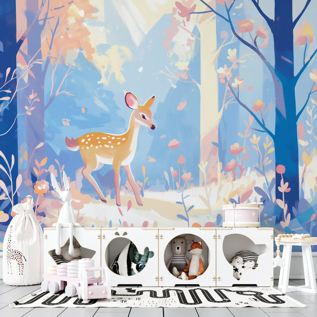 Forest Animals Wallpaper in a bright nursery, showing a magical deer design creating a peaceful atmosphere for sleep