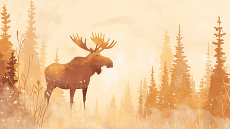 Forest wildlife wallpaper creating a cozy atmosphere in a modern living room with golden pine trees and moose silhouette