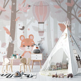 Pink Hot Air Balloon Mural in a toddler's bedroom with white furniture