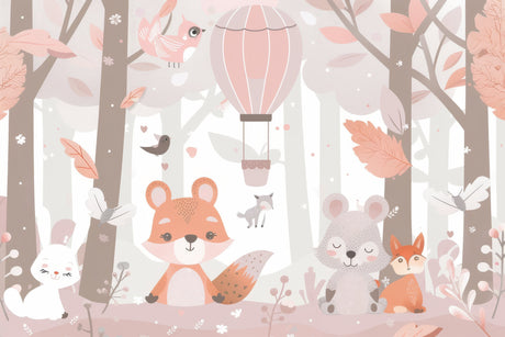 Forest Animals design file showing detailed woodland scene with pink hot air balloon pattern