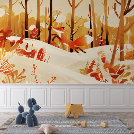 Forest animal wallpaper creating a cozy atmosphere in a modern nursery with natural wood furniture