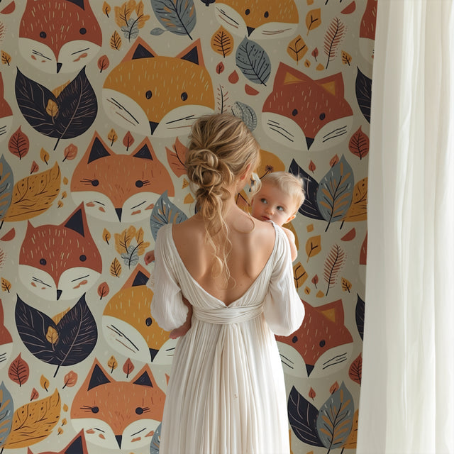 Forest Animals Wallpaper shown in bright nursery with white furniture and natural lighting