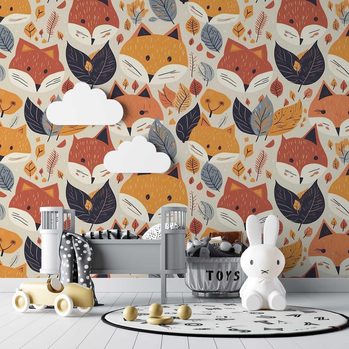 Fox Pattern Mural displayed in Scandinavian style children's room