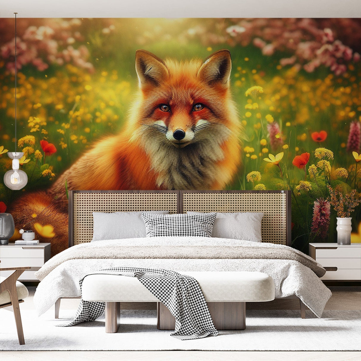 Forest fox wallpaper creating a cozy atmosphere in a modern nursery with natural wood furniture and soft lighting