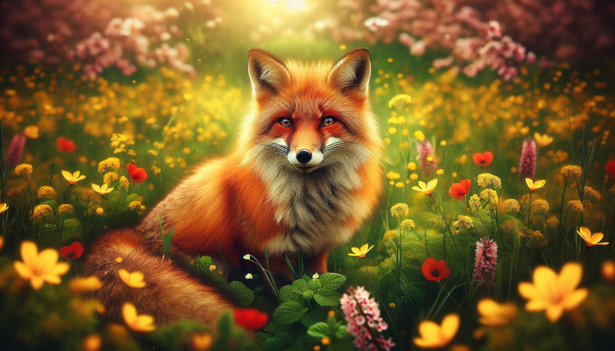 Fox in spring meadow wallpaper design file showing intricate flower details and vibrant colors
