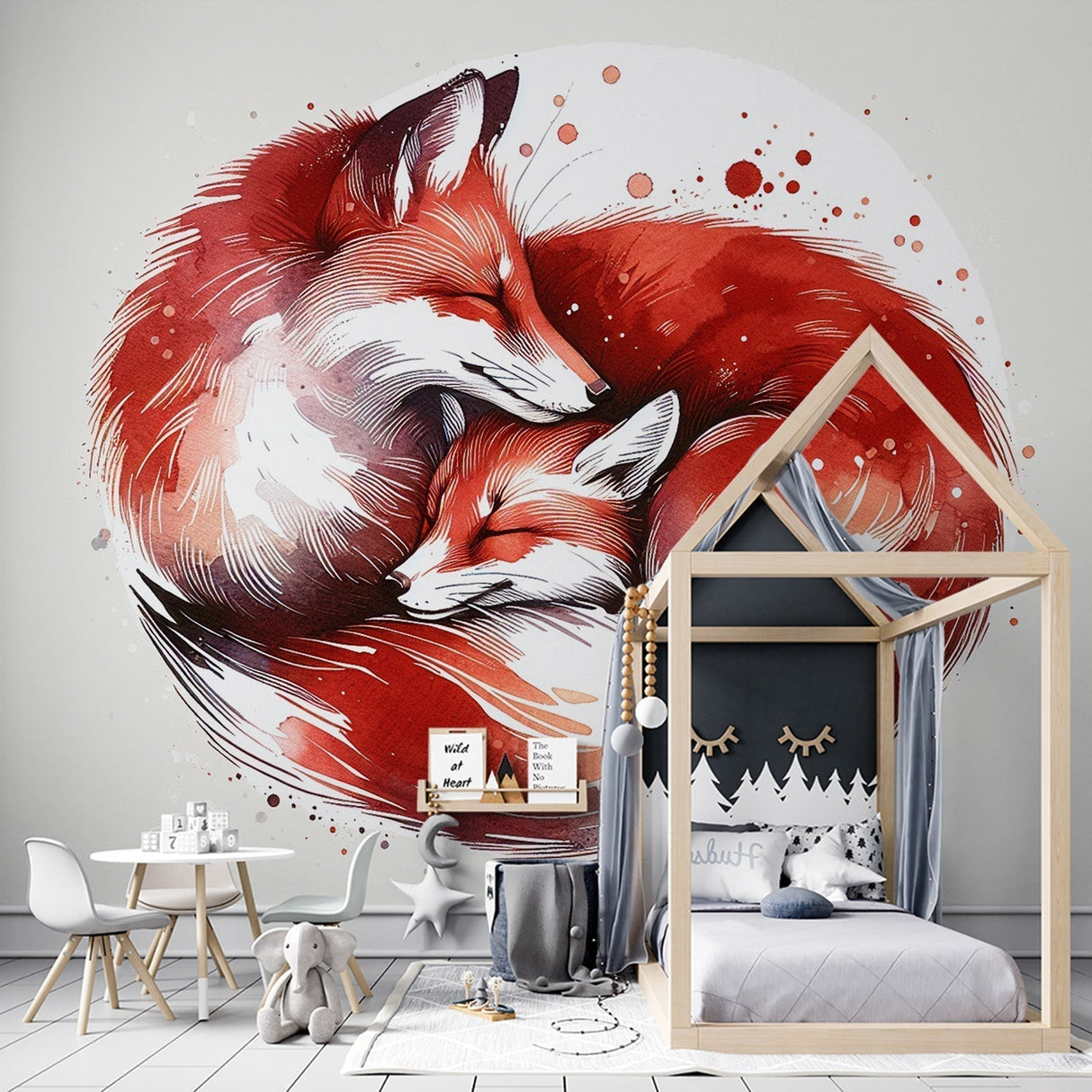 Forest animals wallpaper with red fox design styled in modern nursery, showing gentle watercolor art above white furniture