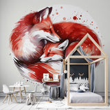 Forest animals wallpaper with red fox design styled in modern nursery, showing gentle watercolor art above white furniture