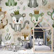 Forest Animals Wallpaper in bright nursery with white furniture, showing crowned woodland creatures in soft beige and mint tones