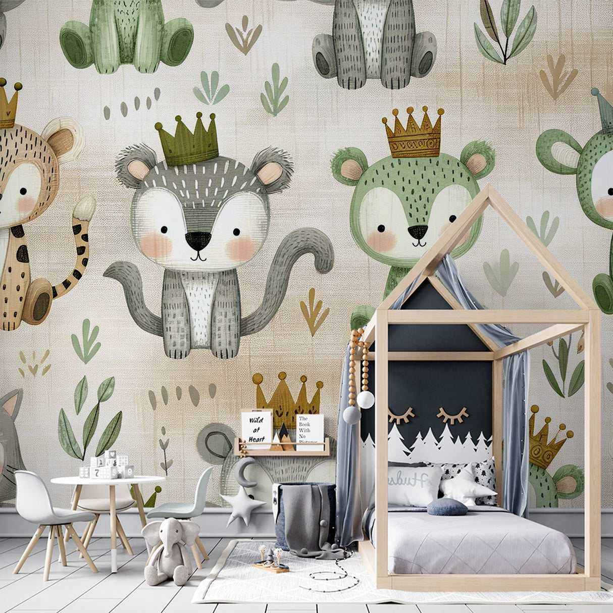 Forest Animals Wallpaper in bright nursery with white furniture, showing crowned woodland creatures in soft beige and mint tones