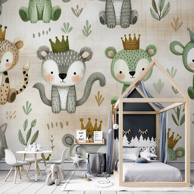 Forest Animals Wallpaper in bright nursery with white furniture, showing crowned woodland creatures in soft beige and mint tones