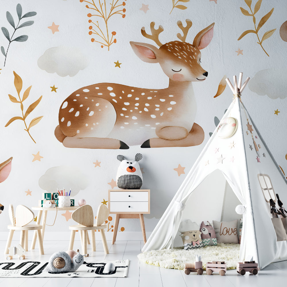 Forest animal wallpaper creating a cozy atmosphere in a white nursery with natural wood furniture