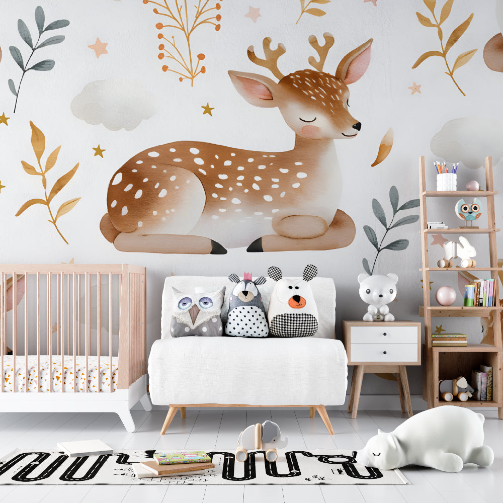 Woodland nursery wallpaper with sleeping fawn in a modern kids bedroom with minimalist decor