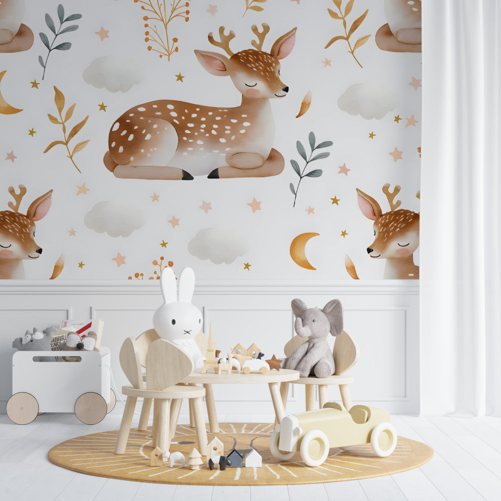 Deer nursery wallpaper showcased in a reading nook with soft lighting and cushions