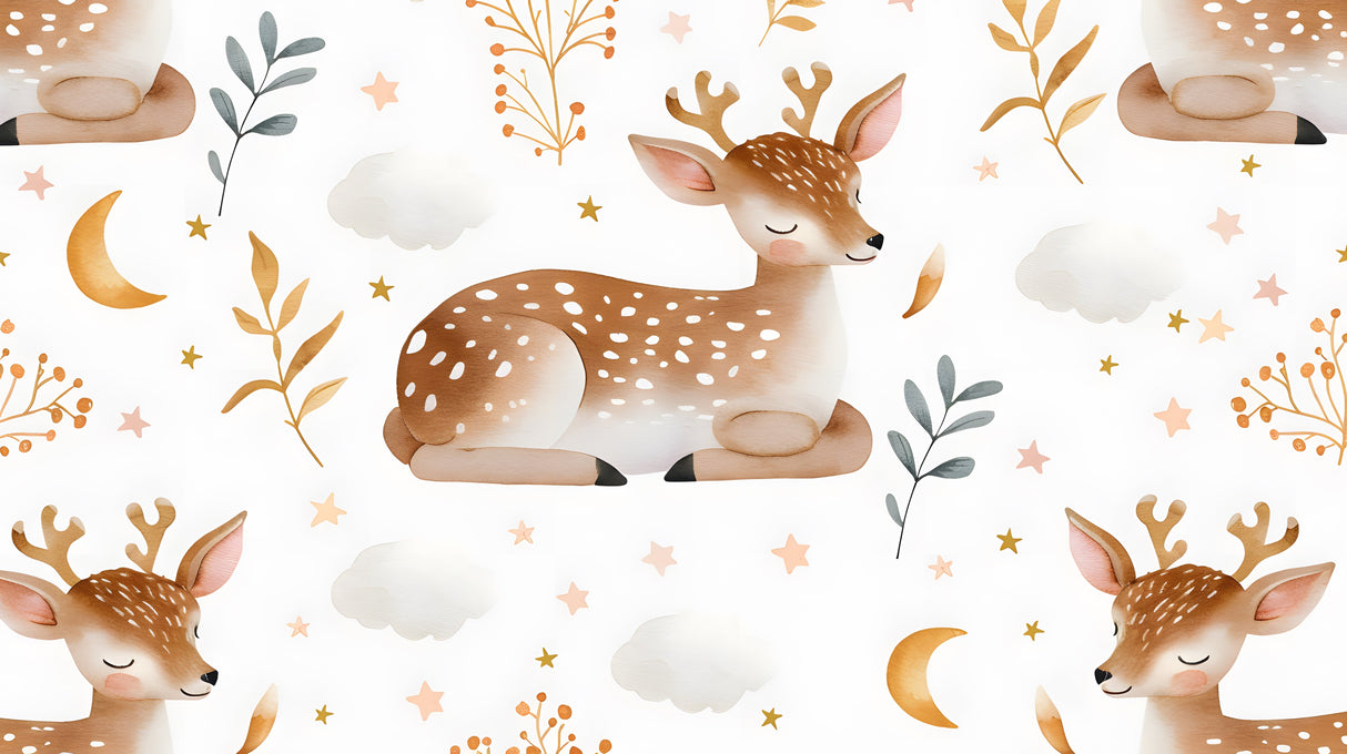 Design file showing sleeping fawn pattern with golden stars and leaves on white background