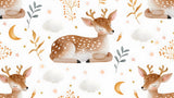 Design file showing sleeping fawn pattern with golden stars and leaves on white background