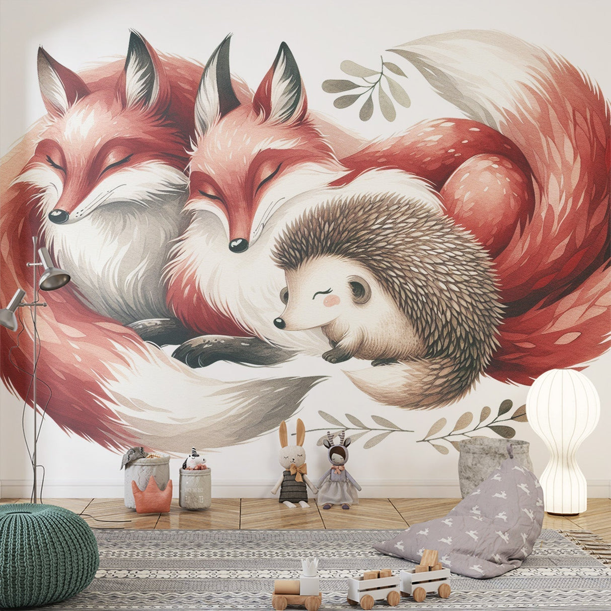 Forest animals wallpaper creating a cozy atmosphere in a modern nursery with soft lighting and natural wood furniture
