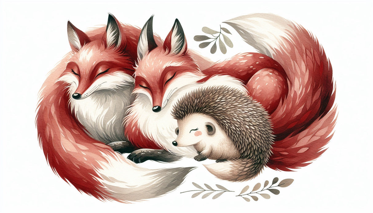 Forest animals wallpaper design file showing detailed fox and hedgehog illustration with gentle colors