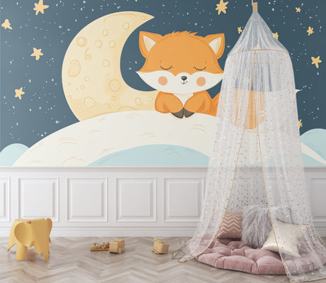 Forest animal wallpaper in cozy nursery showing sleeping fox and moon design creating peaceful atmosphere