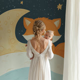 Fox wall mural in children's bedroom with reading nook and soft lighting