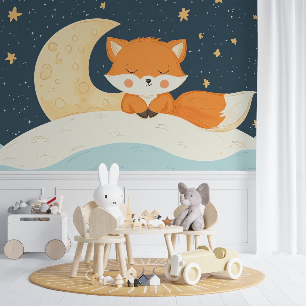 Magical fox wallpaper in playroom setting with story corner and natural decor