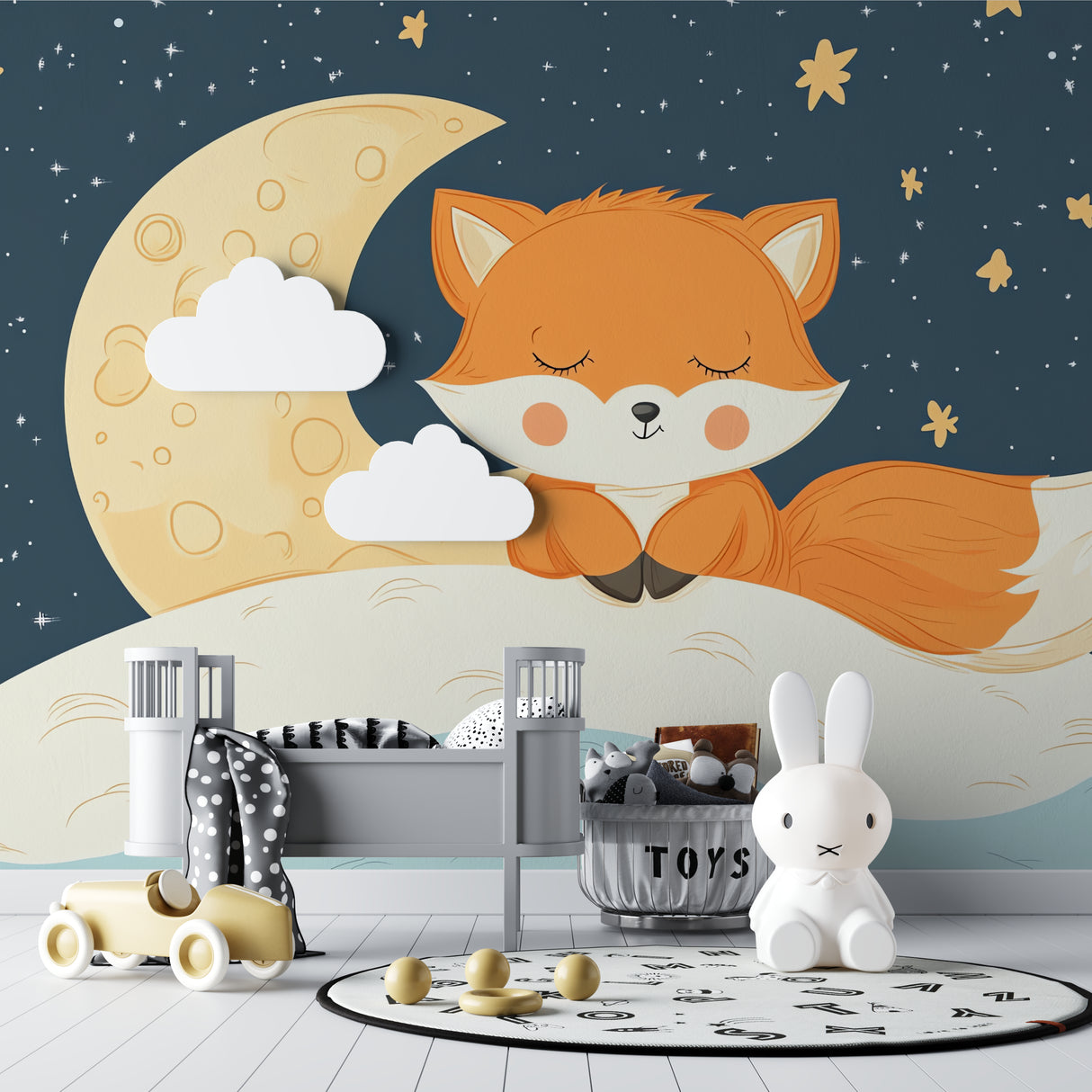 Fox and moon wallpaper creating dreamy atmosphere in toddler's bedroom