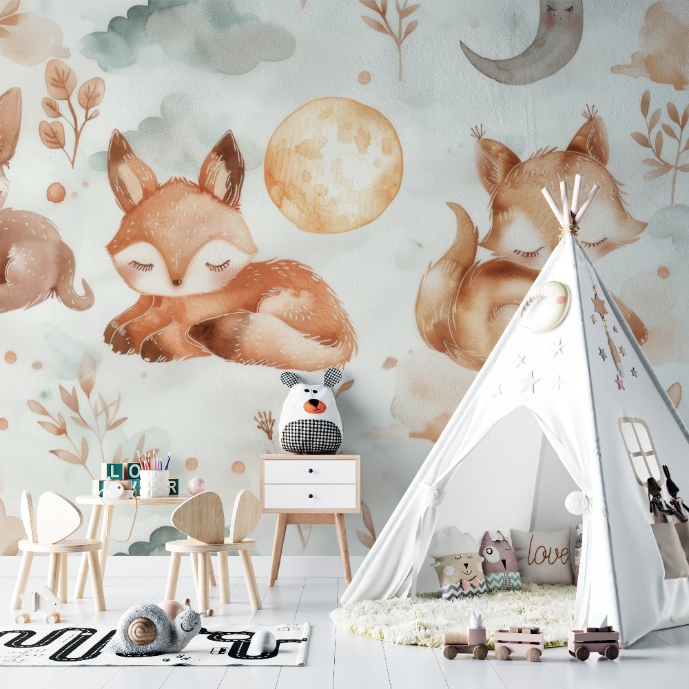 Forest animal wallpaper in cozy nursery with rocking chair and soft lighting showing sleeping fox design