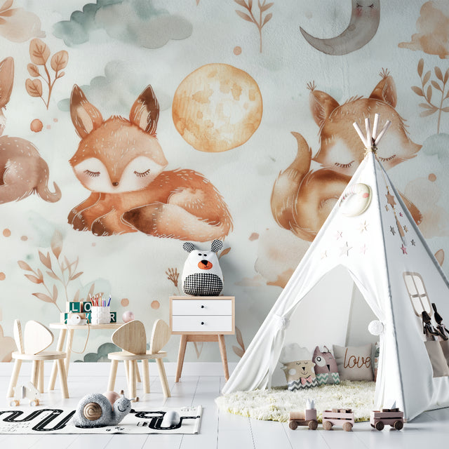 Forest animal wallpaper in cozy nursery with rocking chair and soft lighting showing sleeping fox design