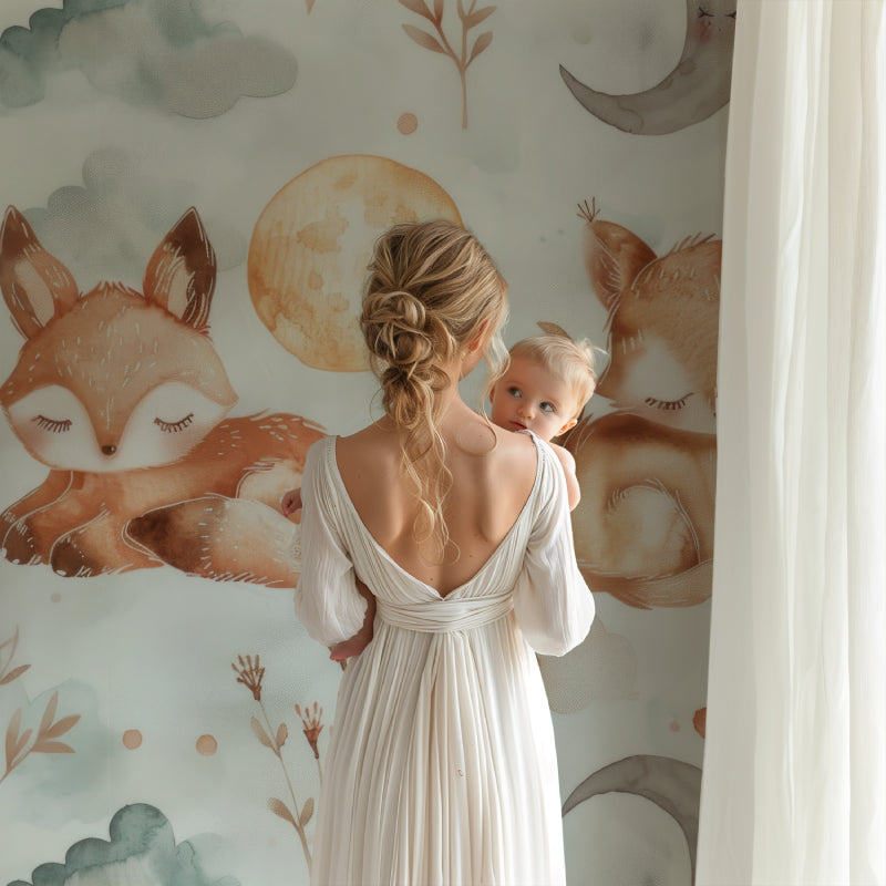 Woodland fox wallpaper featured in children's reading nook with floor cushions