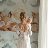 Woodland fox wallpaper featured in children's reading nook with floor cushions