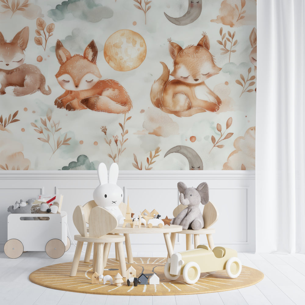 Fox nursery wallpaper creating calm atmosphere in baby room with crib