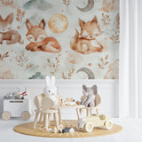 Fox nursery wallpaper creating calm atmosphere in baby room with crib