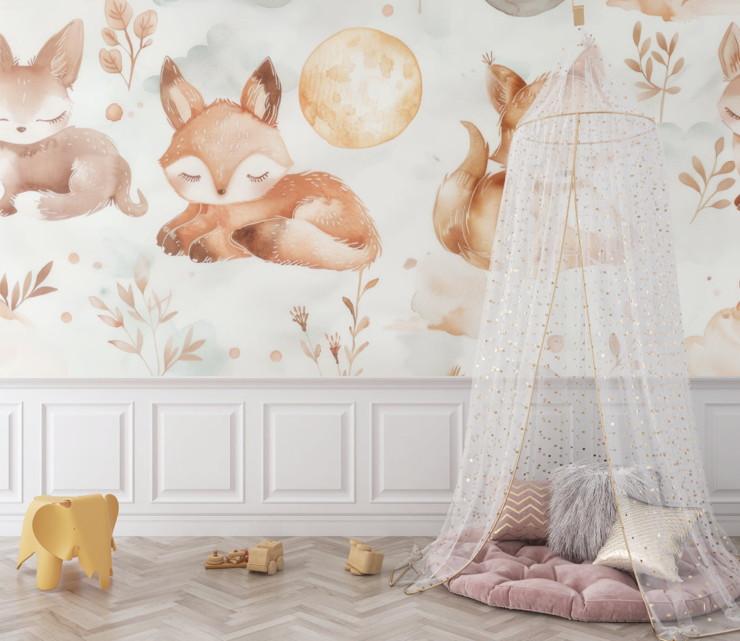 Forest themed wall mural in toddler bedroom showing full wall application
