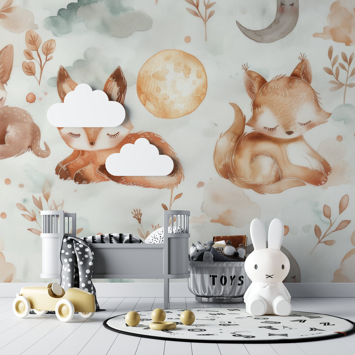 Sleeping fox wallpaper styled in modern playroom setting
