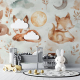 Sleeping fox wallpaper styled in modern playroom setting