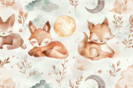 Design file of fox and moon pattern showing intricate watercolor details and soft color palette