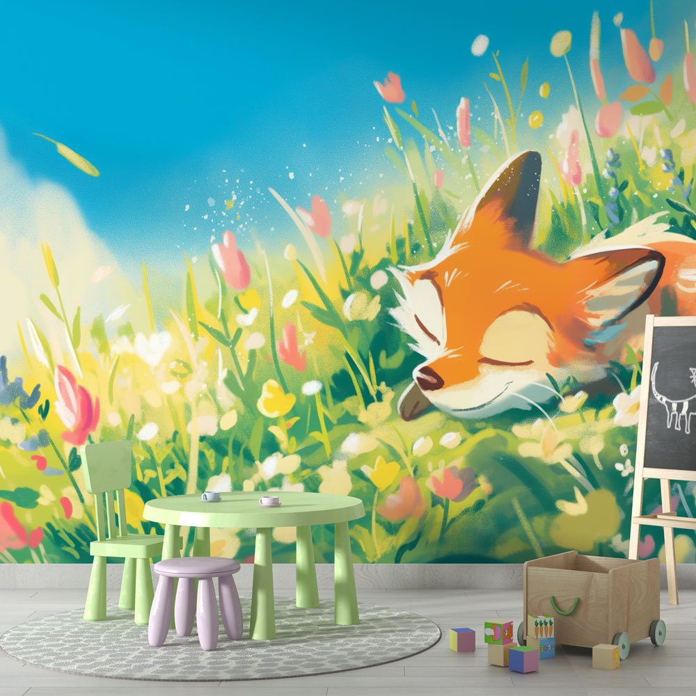 Fox wallpaper mural styled in a bright nursery with white furniture, showing how the spring meadow design creates a peaceful atmosphere