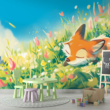 Fox wallpaper mural styled in a bright nursery with white furniture, showing how the spring meadow design creates a peaceful atmosphere
