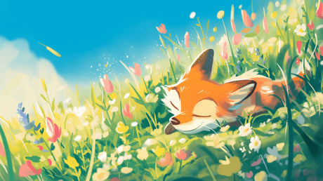 Sleeping fox in spring meadow wallpaper design file showing detailed flowers and peaceful forest scene