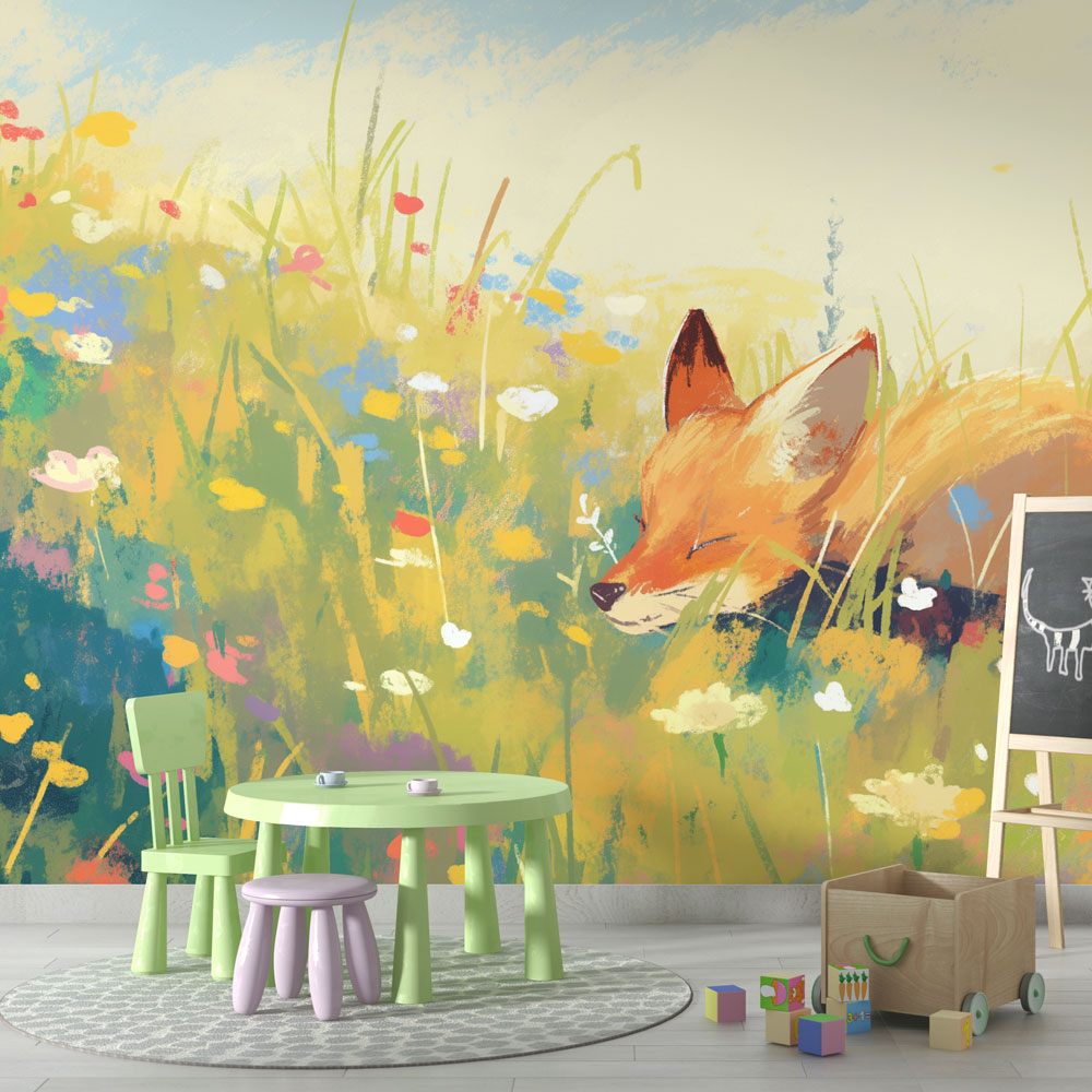 Forest animal wallpaper creating a cozy atmosphere in a child's bedroom, with soft lighting highlighting the sleeping fox design