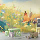 Forest animal wallpaper creating a cozy atmosphere in a child's bedroom, with soft lighting highlighting the sleeping fox design