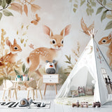 Woodland nursery wallpaper featuring soft beige deer in reading nook