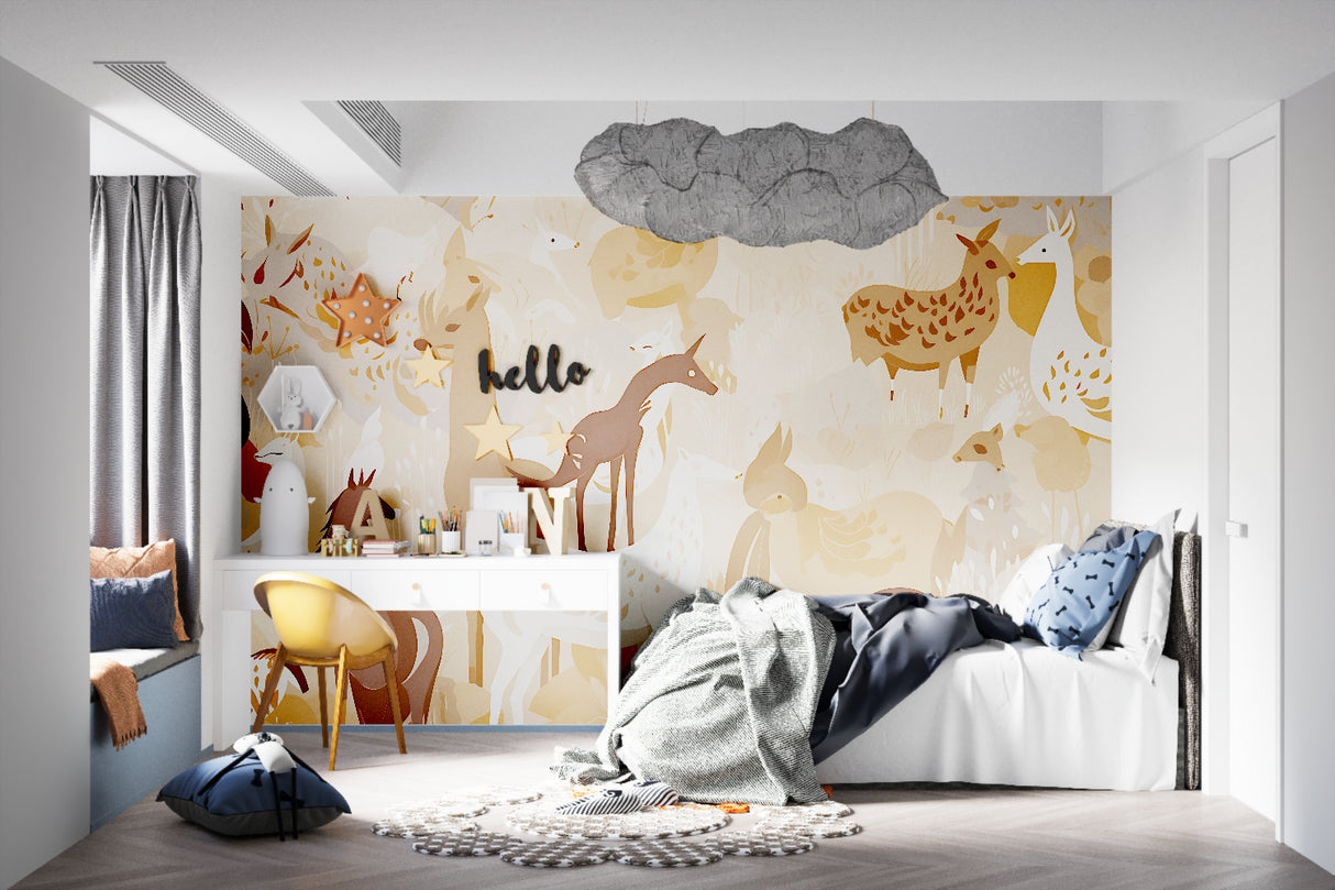 Terracotta woodland mural in cozy reading nook with floor cushions