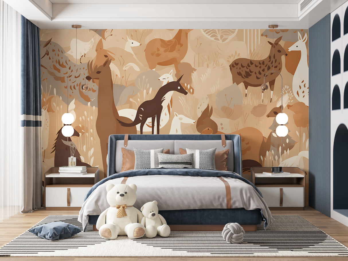 Forest animal wall mural in children's bedroom with white furniture