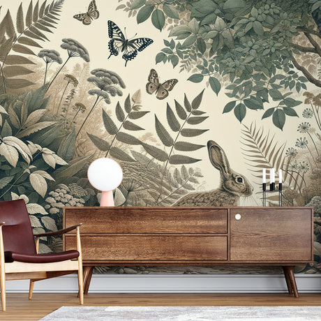 Forest Animals Wallpaper in bright nursery with white furniture showing rabbit and botanical details