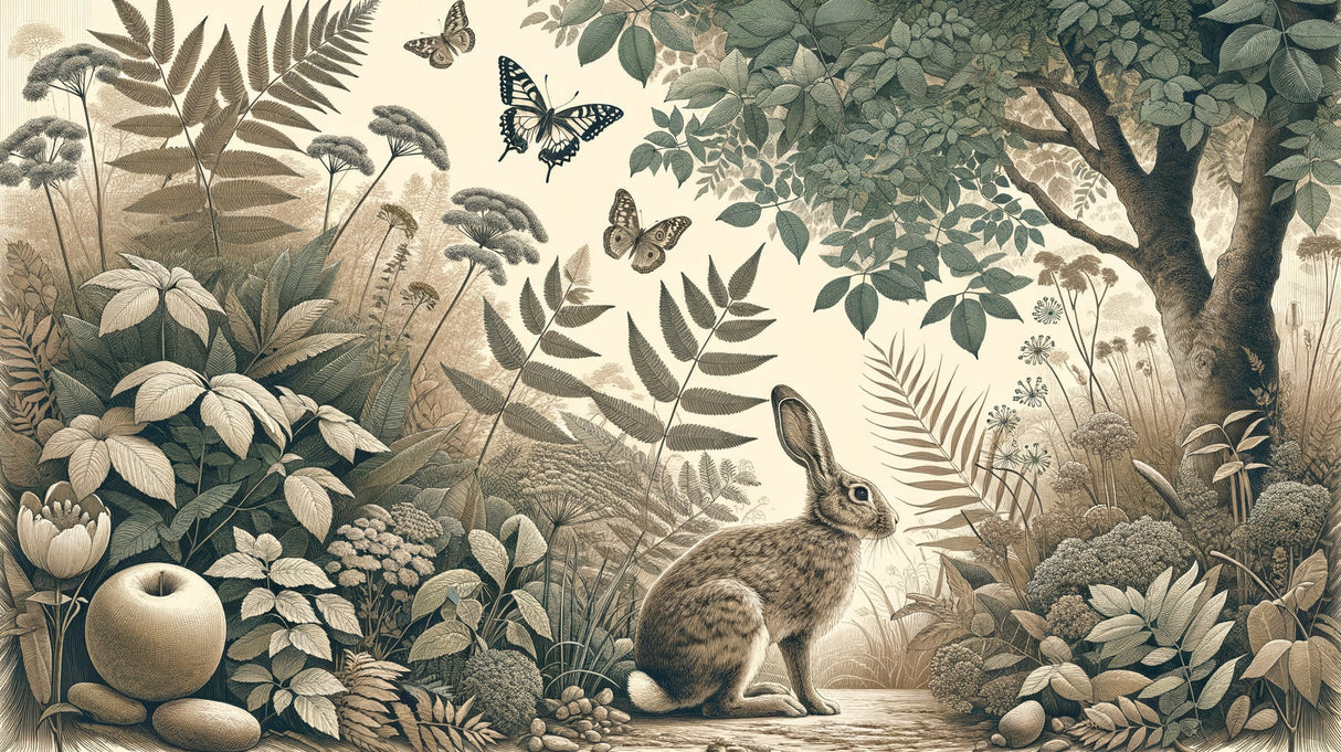 Woodland Rabbit Wallpaper in reading nook with natural light highlighting botanical elements