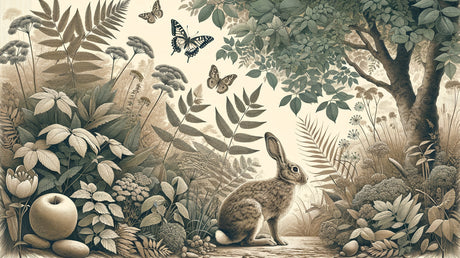 Woodland Rabbit Wallpaper in reading nook with natural light highlighting botanical elements