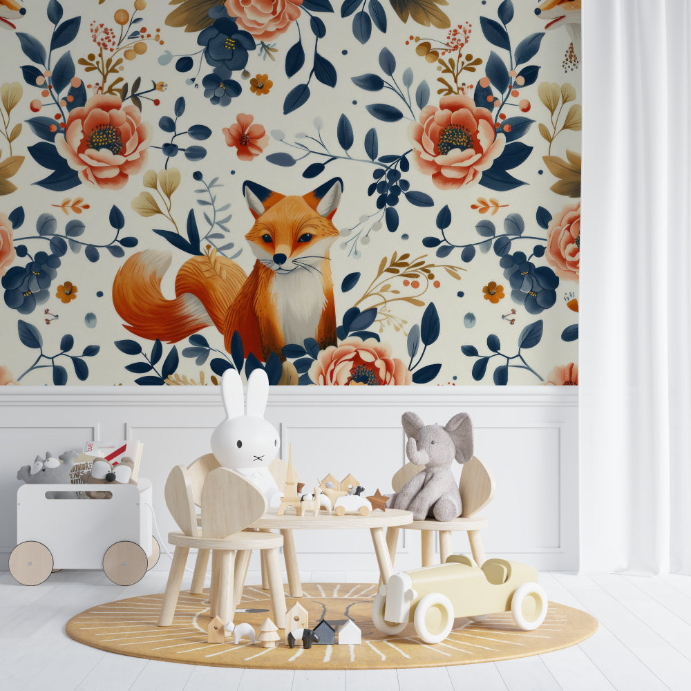 Fox wallpaper mural styled in a bright nursery with white furniture and natural accents